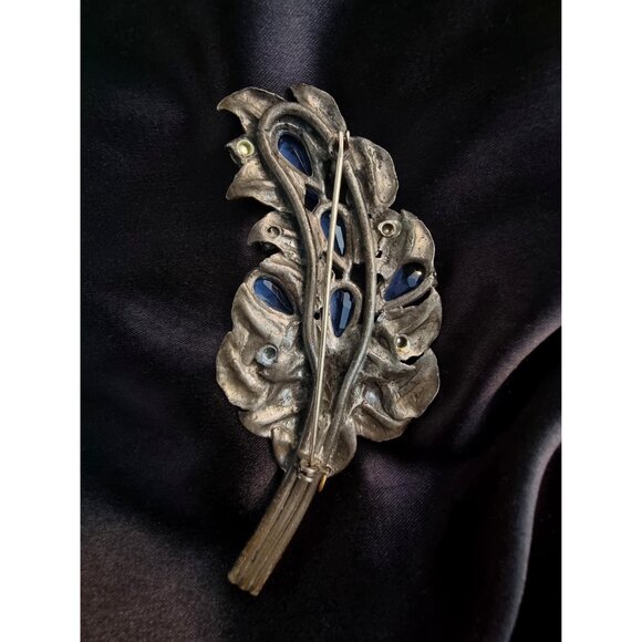 Rare Find Vintage 1920-1930s Blue Rhinestones Silver Metal Toned Large Leaf Broo - Picture 5 of 6